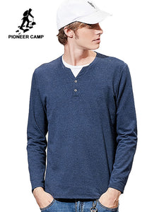 Pioneer camp new long sleeve t shirt for men brand clothing fashion button design V-neck tshirt men soft cotton tees ACT802285