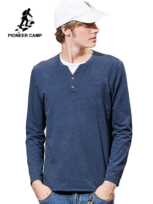Pioneer camp new long sleeve t shirt for men brand clothing fashion button design V-neck tshirt men soft cotton tees ACT802285